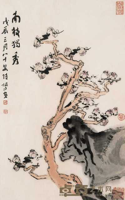 陆俨少 1988年作 南枝独秀 镜片 68×42cm